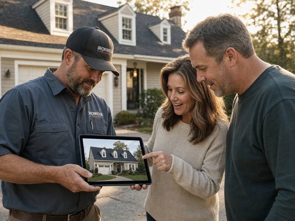 Roofing contractor showing homeowner new roof on tablet